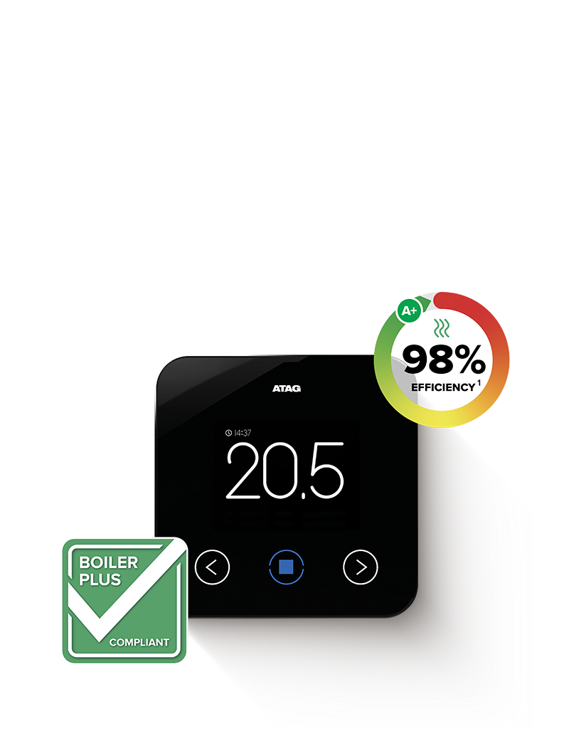 Image of an ATAG ONE Zone with a '98% efficiency' and 'Boiler Plus Complient' icon