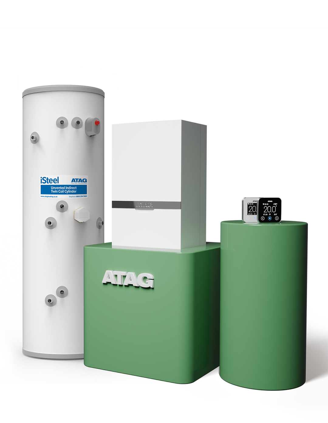 Image of a display stand with a cylinder, boiler and ONE Zone control on it